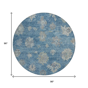 HomeRoots 8' Denim Blue and Gray Round Floral Rug - Washable, Durable, Perfect for Indoor & Outdoor Spaces! 658521