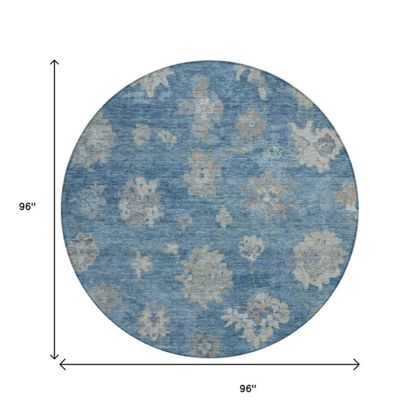 HomeRoots 8' Denim Blue and Gray Round Floral Rug - Washable, Durable, Perfect for Indoor & Outdoor Spaces! 658521