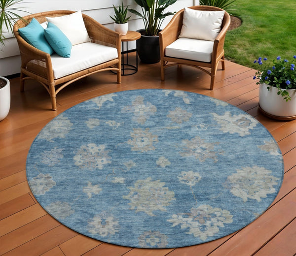 HomeRoots 8' Denim Blue and Gray Round Floral Rug - Washable, Durable, Perfect for Indoor & Outdoor Spaces! 658521