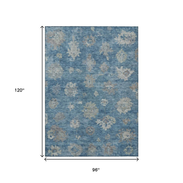 HomeRoots 8' X 10' Denim Blue and Gray Floral Area Rug - Durable, Washable, Stylish for Indoor & Outdoor Use! 658522