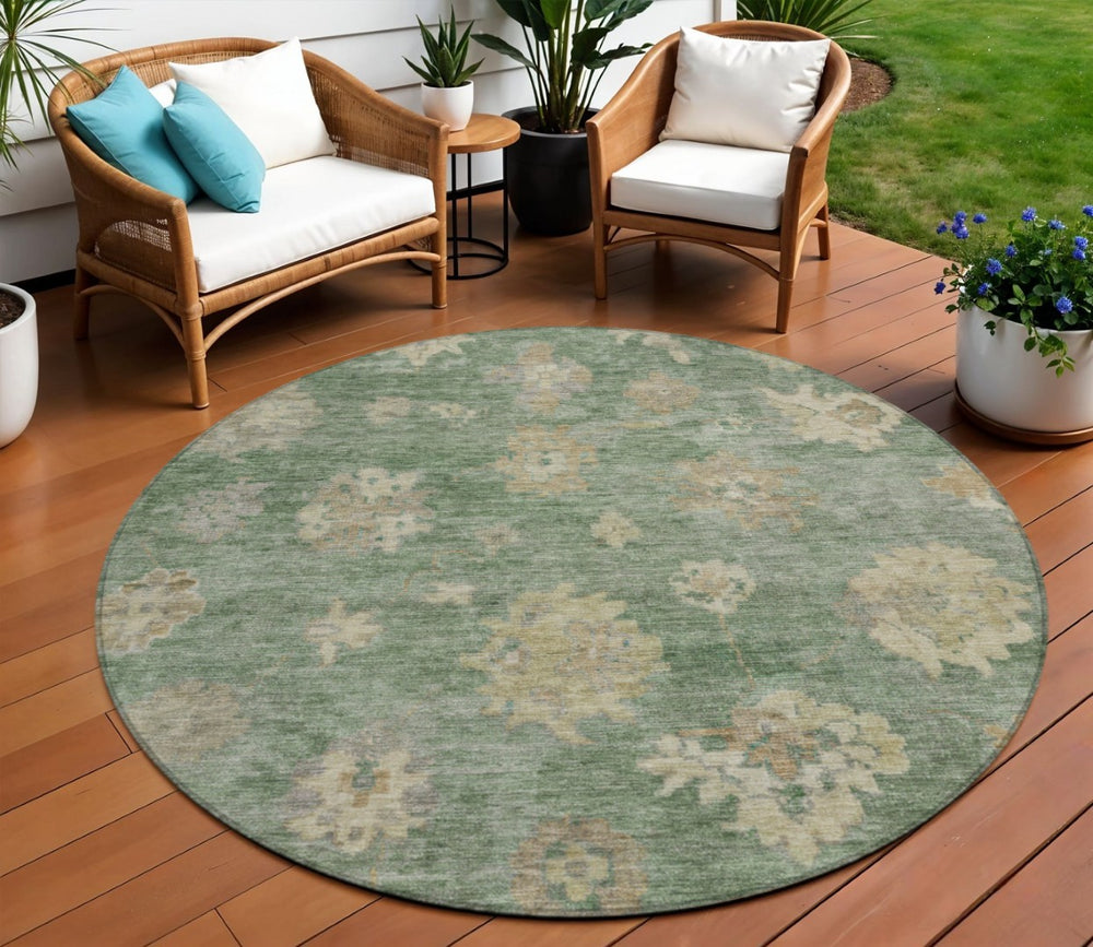 HomeRoots 8' Fern Green Round Floral Area Rug - Machine Washable, Durable for Indoor & Outdoor Use, 8ft 658527