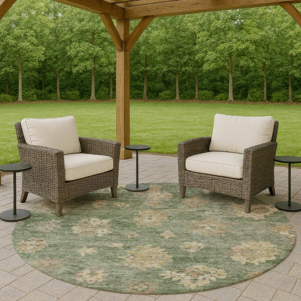 HomeRoots 8' Fern Green Round Floral Area Rug - Machine Washable, Durable for Indoor & Outdoor Use, 8ft 658527