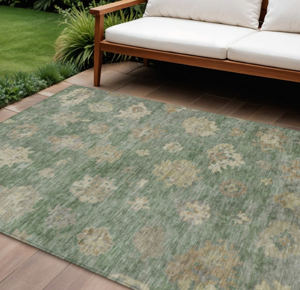HomeRoots 10' Floral Area Rug in Fern Green & Beige - Washable, Durable, Indoor/Outdoor, Slip-Resistant Design 658530