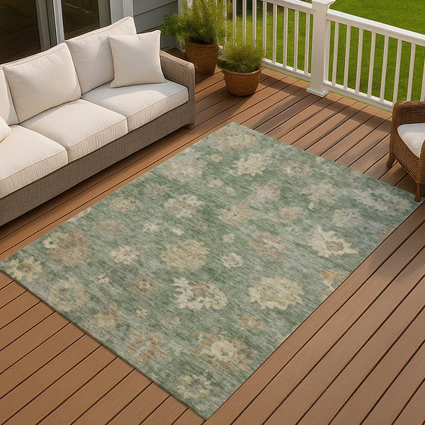HomeRoots 10' Floral Area Rug in Fern Green & Beige - Washable, Durable, Indoor/Outdoor, Slip-Resistant Design 658530