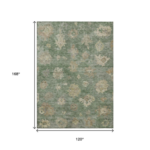 HomeRoots 10' Floral Area Rug in Fern Green & Beige - Washable, Durable, Indoor/Outdoor, Slip-Resistant Design 658530