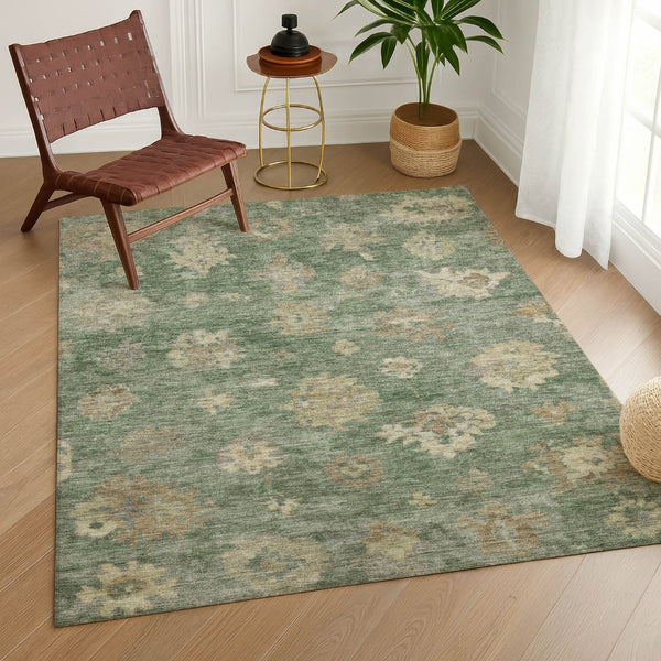 HomeRoots 10' Floral Area Rug in Fern Green & Beige - Washable, Durable, Indoor/Outdoor, Slip-Resistant Design 658530
