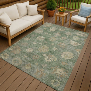 HomeRoots 10' Floral Area Rug in Fern Green & Beige - Washable, Durable, Indoor/Outdoor, Slip-Resistant Design 658530
