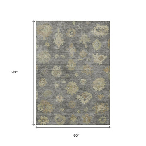 HomeRoots 5' X 8' Elegant Pewter Gold Beige Floral Area Rug - Washable, Durable for Indoor & Outdoor Use 658532
