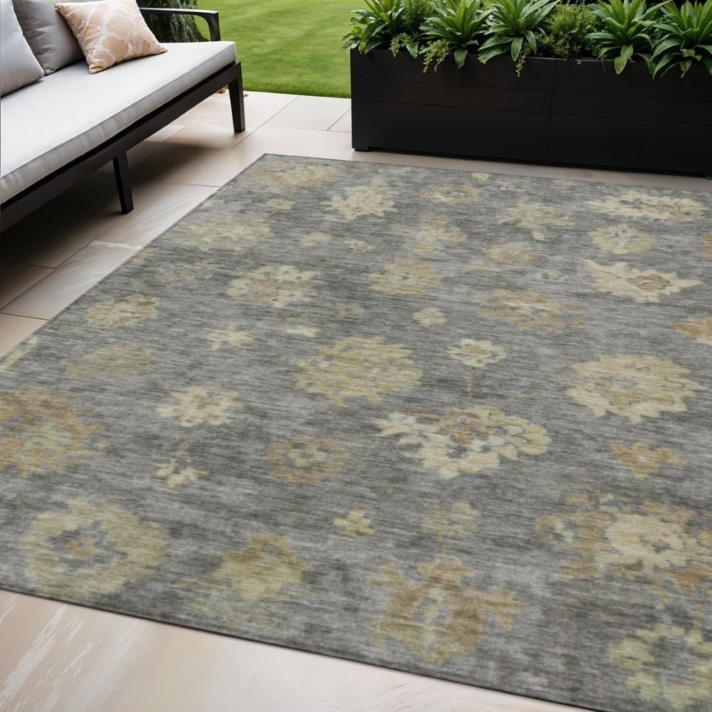 HomeRoots 5' X 8' Elegant Pewter Gold Beige Floral Area Rug - Washable, Durable for Indoor & Outdoor Use 658532