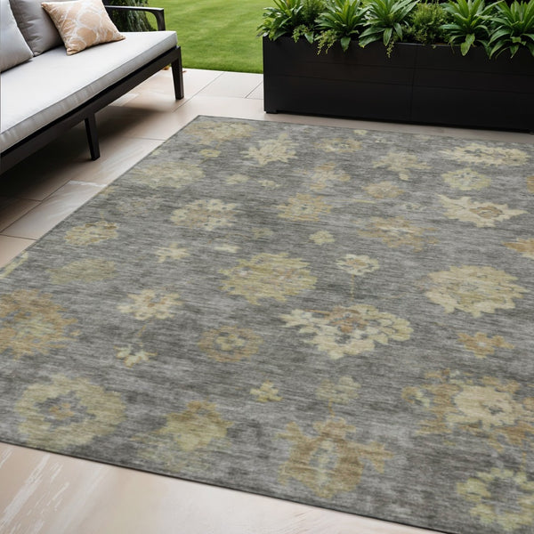HomeRoots 5' X 8' Elegant Pewter Gold Beige Floral Area Rug - Washable, Durable for Indoor & Outdoor Use 658532