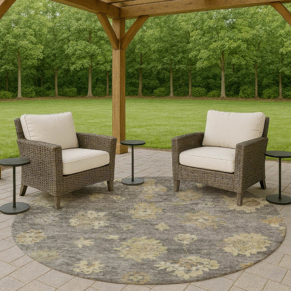 HomeRoots 8' Round Floral Indoor/Outdoor Area Rug in Pewter Gold & Beige - Washable, Durable & Versatile Design 658533