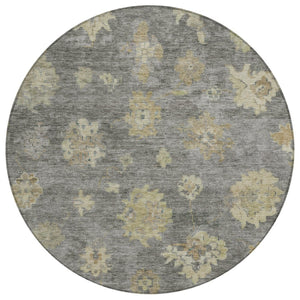 HomeRoots 8' Round Floral Indoor/Outdoor Area Rug in Pewter Gold & Beige - Washable, Durable & Versatile Design 658533