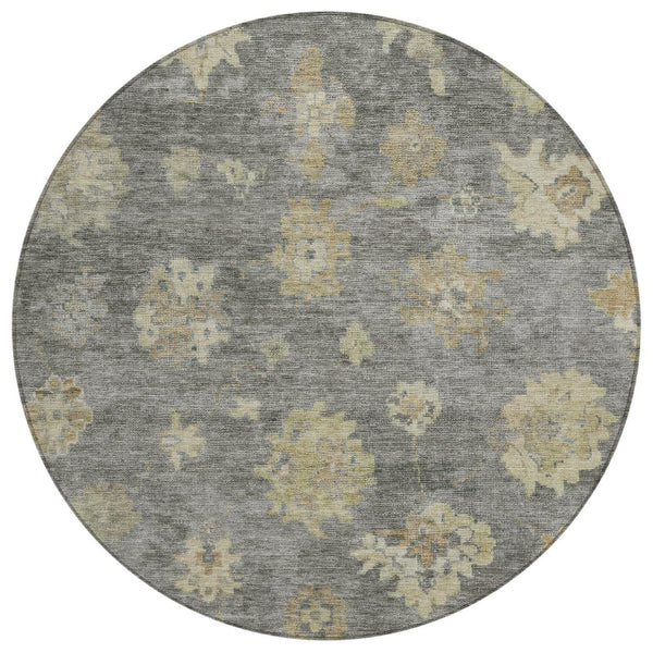 HomeRoots 8' Round Floral Indoor/Outdoor Area Rug in Pewter Gold & Beige - Washable, Durable & Versatile Design 658533