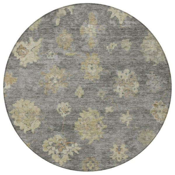 HomeRoots 8' Round Floral Indoor/Outdoor Area Rug in Pewter Gold & Beige - Washable, Durable & Versatile Design 658533