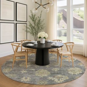 HomeRoots 8' Round Floral Indoor/Outdoor Area Rug in Pewter Gold & Beige - Washable, Durable & Versatile Design 658533