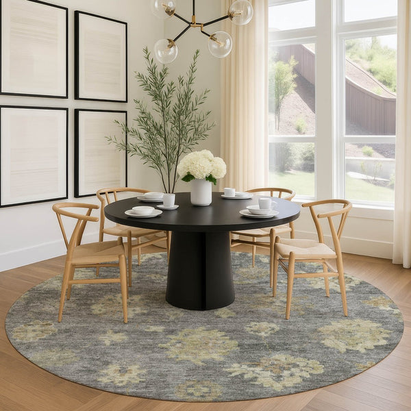 HomeRoots 8' Round Floral Indoor/Outdoor Area Rug in Pewter Gold & Beige - Washable, Durable & Versatile Design 658533