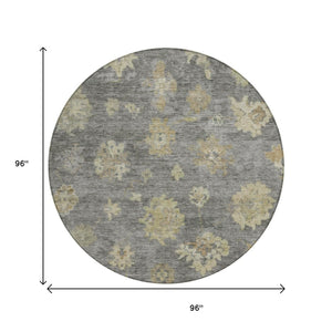 HomeRoots 8' Round Floral Indoor/Outdoor Area Rug in Pewter Gold & Beige - Washable, Durable & Versatile Design 658533