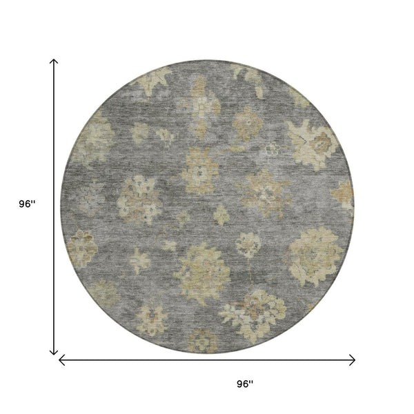 HomeRoots 8' Round Floral Indoor/Outdoor Area Rug in Pewter Gold & Beige - Washable, Durable & Versatile Design 658533