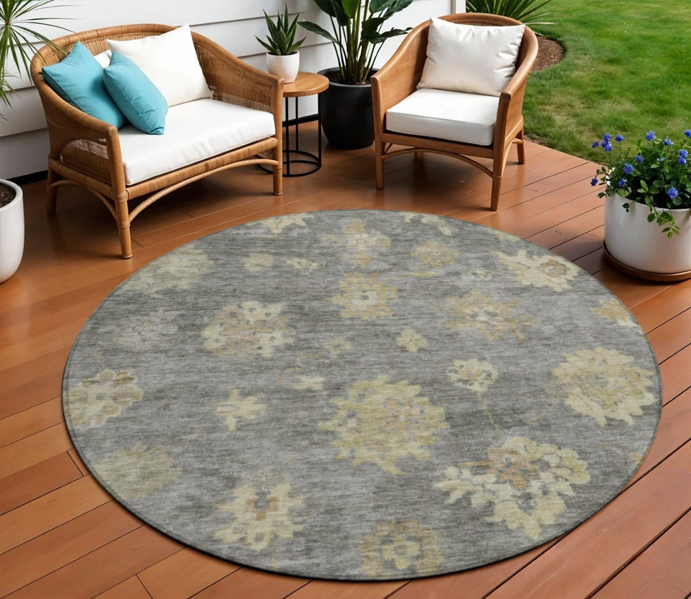 HomeRoots 8' Round Floral Indoor/Outdoor Area Rug in Pewter Gold & Beige - Washable, Durable & Versatile Design 658533