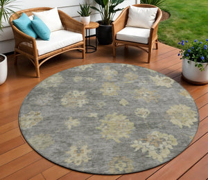 HomeRoots 8' Round Floral Indoor/Outdoor Area Rug in Pewter Gold & Beige - Washable, Durable & Versatile Design 658533