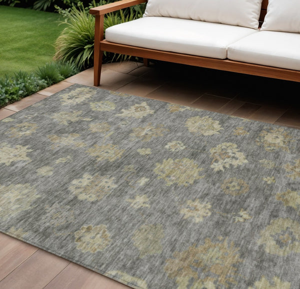 HomeRoots 9' Elegant Pewter Gold Beige Floral Washable Area Rug for Indoor & Outdoor High-Traffic Use 658535
