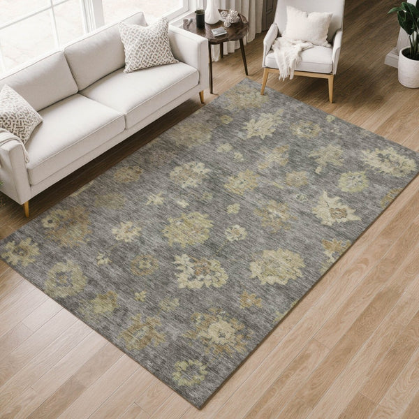 HomeRoots 9' Elegant Pewter Gold Beige Floral Washable Area Rug for Indoor & Outdoor High-Traffic Use 658535