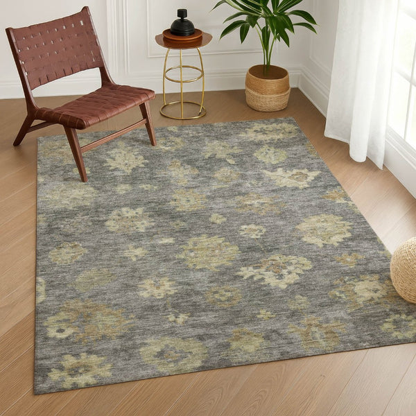 HomeRoots 9' Elegant Pewter Gold Beige Floral Washable Area Rug for Indoor & Outdoor High-Traffic Use 658535