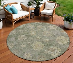 HomeRoots 8' Sage and Beige Round Floral Rug - Durable, Washable Indoor/Outdoor Area Rug for Family Spaces 658539