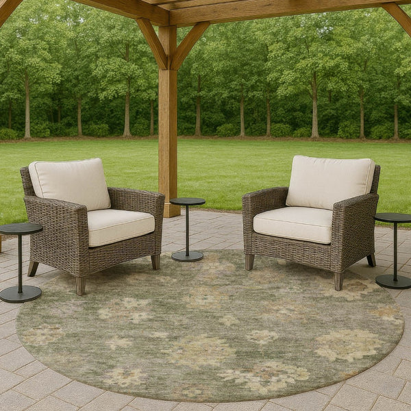 HomeRoots 8' Sage and Beige Round Floral Rug - Durable, Washable Indoor/Outdoor Area Rug for Family Spaces 658539