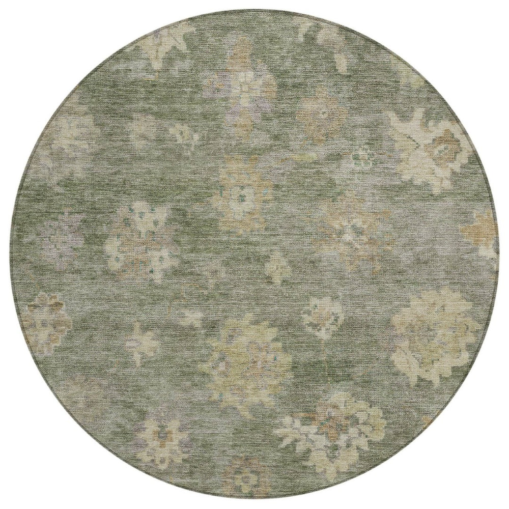HomeRoots 8' Sage and Beige Round Floral Rug - Durable, Washable Indoor/Outdoor Area Rug for Family Spaces 658539