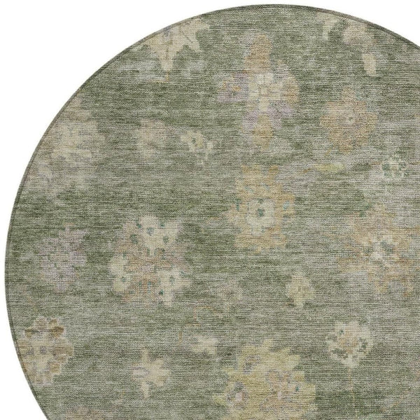 HomeRoots 8' Sage and Beige Round Floral Rug - Durable, Washable Indoor/Outdoor Area Rug for Family Spaces 658539