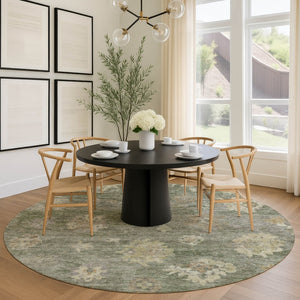 HomeRoots 8' Sage and Beige Round Floral Rug - Durable, Washable Indoor/Outdoor Area Rug for Family Spaces 658539