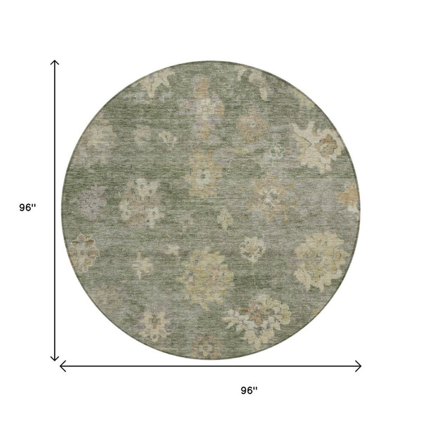 HomeRoots 8' Sage and Beige Round Floral Rug - Durable, Washable Indoor/Outdoor Area Rug for Family Spaces 658539