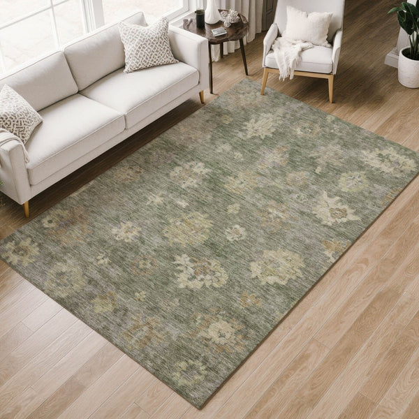 HomeRoots 10' X 14' Sage and Beige Floral Washable Area Rug - Durable and Stylish for Indoor & Outdoor Spaces 658542