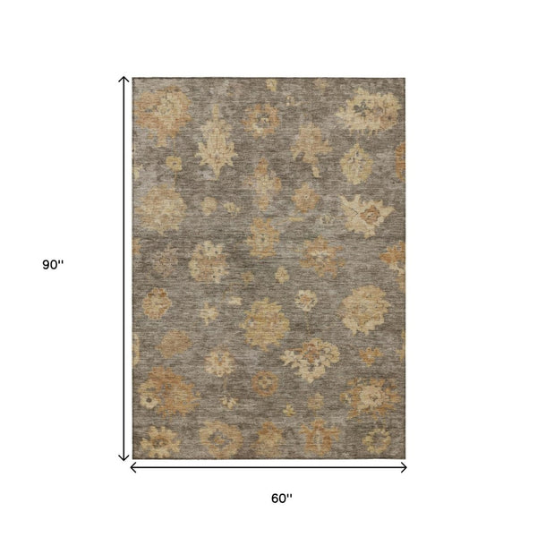 HomeRoots 5' Stunning Taupe Beige & Brown Floral Area Rug - Washable, Indoor/Outdoor, Durable & Stylish! 658544