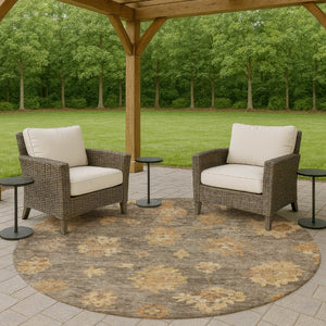 HomeRoots 8' Round Floral Area Rug in Taupe, Beige & Brown - Washable, Durable for Indoor & Outdoor Use 658545