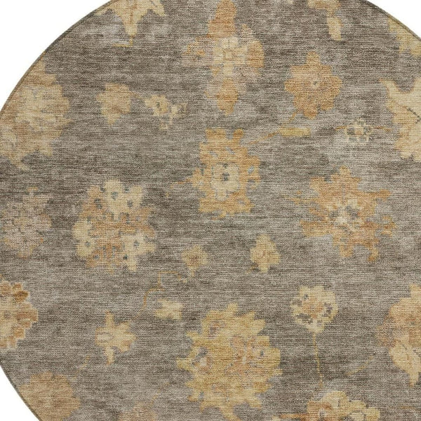 HomeRoots 8' Round Floral Area Rug in Taupe, Beige & Brown - Washable, Durable for Indoor & Outdoor Use 658545