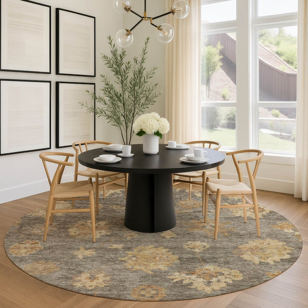 HomeRoots 8' Round Floral Area Rug in Taupe, Beige & Brown - Washable, Durable for Indoor & Outdoor Use 658545