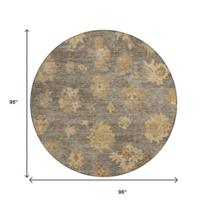 HomeRoots 8' Round Floral Area Rug in Taupe, Beige & Brown - Washable, Durable for Indoor & Outdoor Use 658545