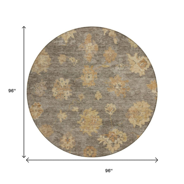 HomeRoots 8' Round Floral Area Rug in Taupe, Beige & Brown - Washable, Durable for Indoor & Outdoor Use 658545