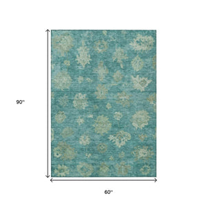 HomeRoots 5' Teal Blue & Fern Green Floral Area Rug – Washable, Durable, Perfect for Indoor & Outdoor Spaces! 658550