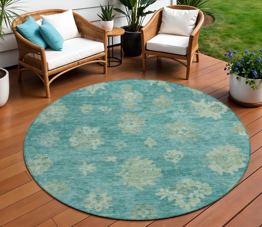 HomeRoots 8' Teal Blue & Fern Green Round Floral Rug - Durable, Washable Design for Indoor & Outdoor Use 658551