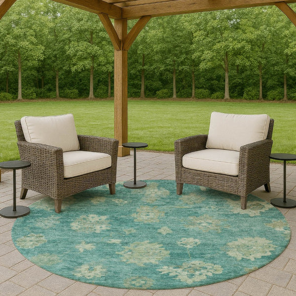 HomeRoots 8' Teal Blue & Fern Green Round Floral Rug - Durable, Washable Design for Indoor & Outdoor Use 658551
