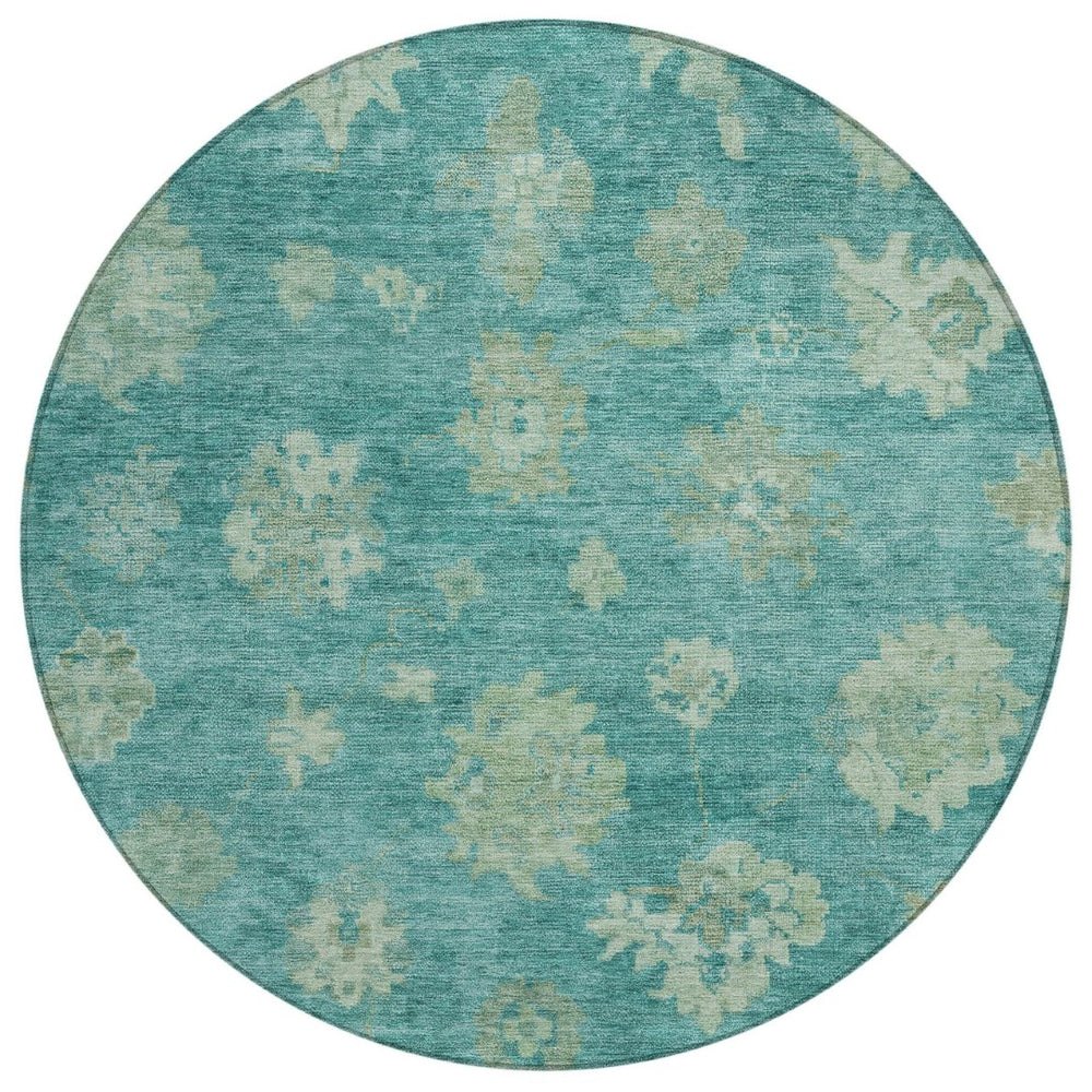 HomeRoots 8' Teal Blue & Fern Green Round Floral Rug - Durable, Washable Design for Indoor & Outdoor Use 658551