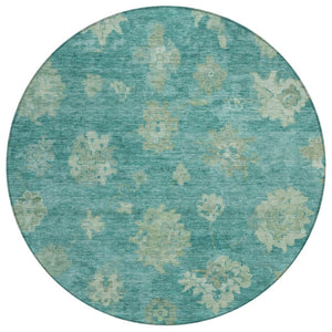 HomeRoots 8' Teal Blue & Fern Green Round Floral Rug - Durable, Washable Design for Indoor & Outdoor Use 658551