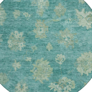 HomeRoots 8' Teal Blue & Fern Green Round Floral Rug - Durable, Washable Design for Indoor & Outdoor Use 658551