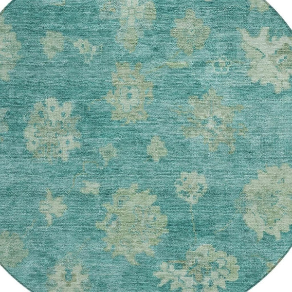 HomeRoots 8' Teal Blue & Fern Green Round Floral Rug - Durable, Washable Design for Indoor & Outdoor Use 658551