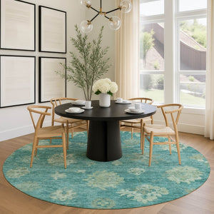 HomeRoots 8' Teal Blue & Fern Green Round Floral Rug - Durable, Washable Design for Indoor & Outdoor Use 658551