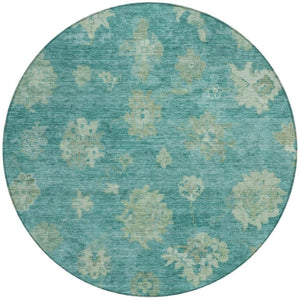HomeRoots 8' Teal Blue & Fern Green Round Floral Rug - Durable, Washable Design for Indoor & Outdoor Use 658551