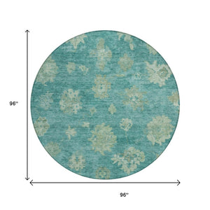 HomeRoots 8' Teal Blue & Fern Green Round Floral Rug - Durable, Washable Design for Indoor & Outdoor Use 658551